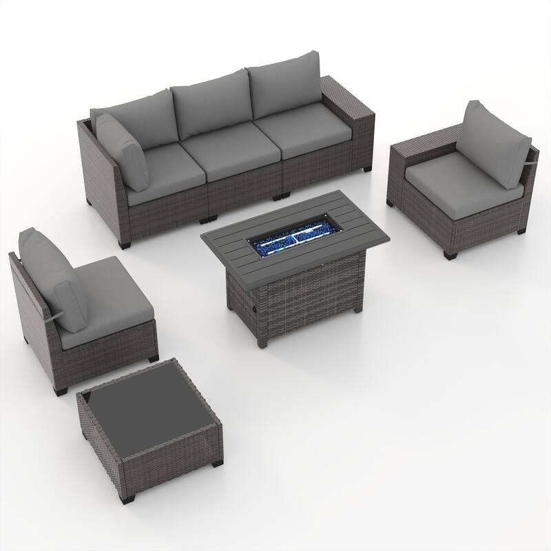 7-Piece 5 Person Patio Free Combination Wicker Conversation Set With Waterproof Cushions and Firepit Table