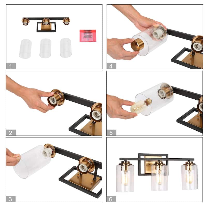 Modern Black Gold 3-Light Bathroom Vanity Lights Wall Lighting with Seeded Glass Shade