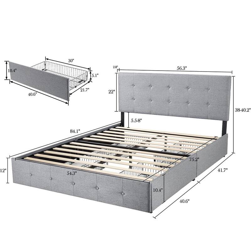 Full Size Bed Frame with 4 Storage Drawers & Headboard, Dark Grey