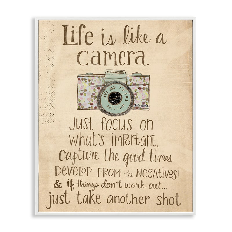 Life is Like a Camera Inspirational Framed Wall Art - 11 x 14 - Wood - White