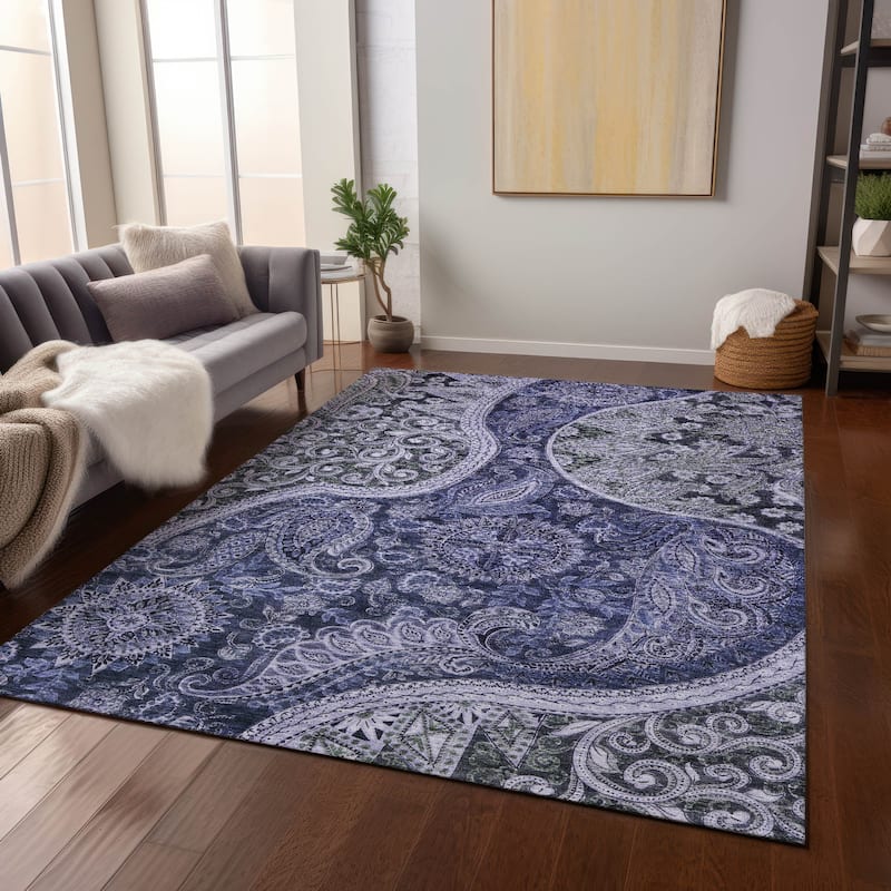 Machine Washable Indoor/ Outdoor Modern Paisley Chantille Rug