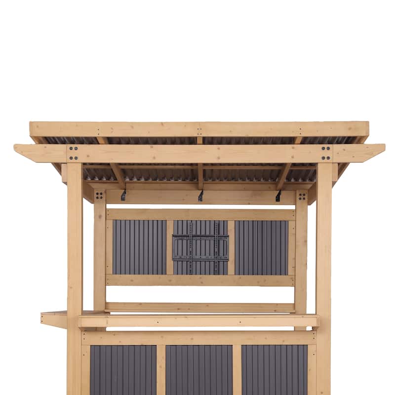 Cedar Wood Outdoor Bar Gazebo with PVC Roof, 85" x 76" Backyard Pavilion with TV Mount, Double Bar Counte