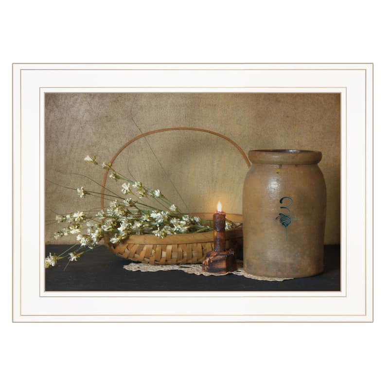 TrendyDecor4U Farmhouse "Basket of Flowers" Framed Print Wall Art by Susie Boyer - Brown, White, Blue, Tan, Earth Tones - White