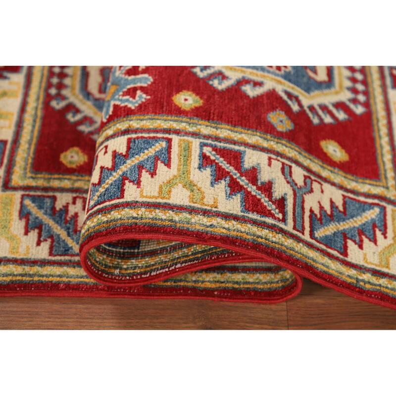 Geometric Kazak Foyer Rug Handmade Red Wool Carpet - 2'7" x 4'3"