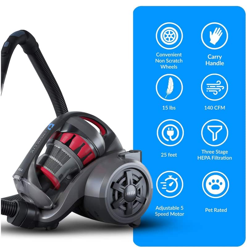 Prolux RS4 Lightweight Bagless Canister Vacuum with Dual HEPA Filtration Premium Button Lock Tools and Automatic Cord Rewind