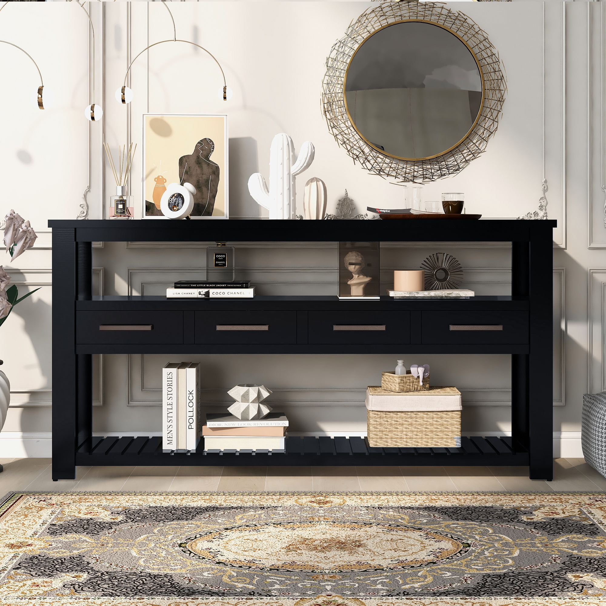 Black accent online table with storage