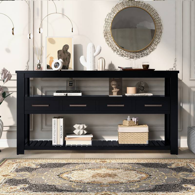 Entryway Table Sofa Table Side Table with 4 Drawers, Modern Console Table Coffee Table with Open Shelves