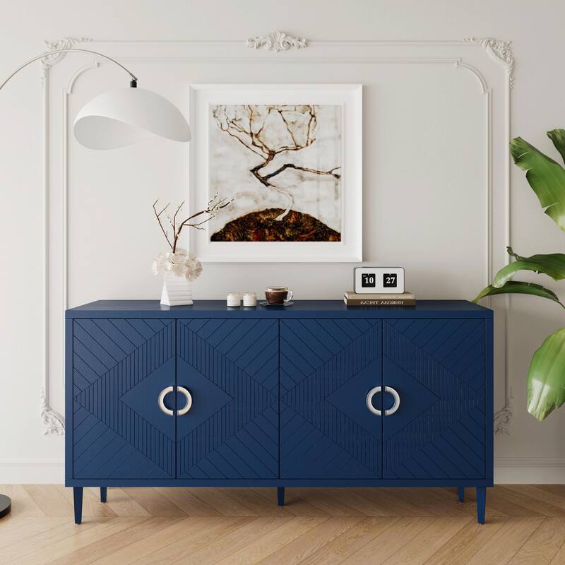 Stylish and Functional 4-Door Storage Cabinet with pine legs - Navy Blue