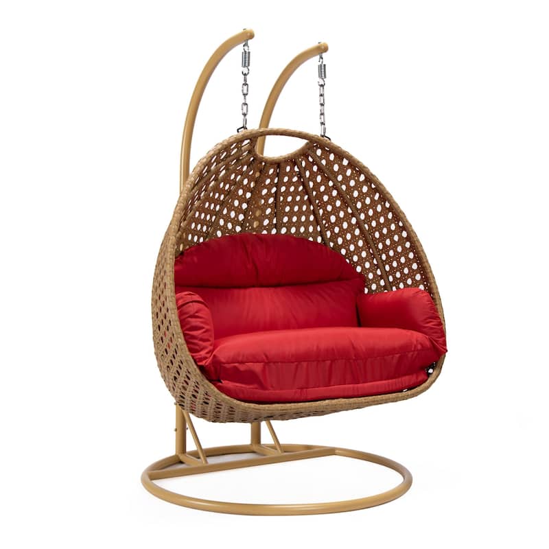 LeisureMod Mendoza 2-Person Hanging Egg Swing Chair - Handcrafted Light Brown Wicker, Patio Hammock Lounger with Cushions - 53" - Red