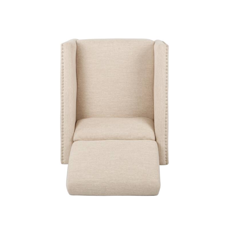 Beige Modern Fabric Push-Back Recliner with Footrest, Nailhead Accents, Birch Wood Legs