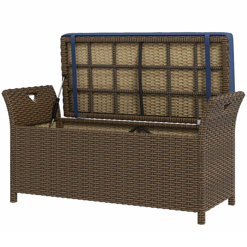 Brown Rattan Outdoor Storage Bench with Cushion and Steel Frame for Poolside or Garden Seating - 43.25" W x 17.75" D x 20.25" H - DarkBlue-Brown