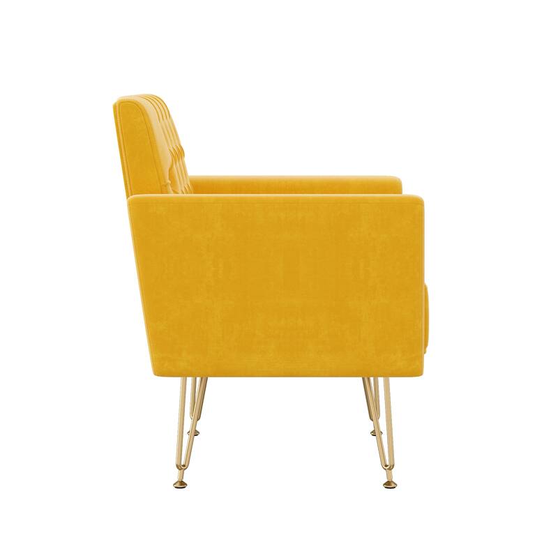 Comfy Velvet Accent Chair, Oversized Tufted Upholstered Reading Chairs, Single Sofa Chair with Metal Legs for Living Room - orange-yellow