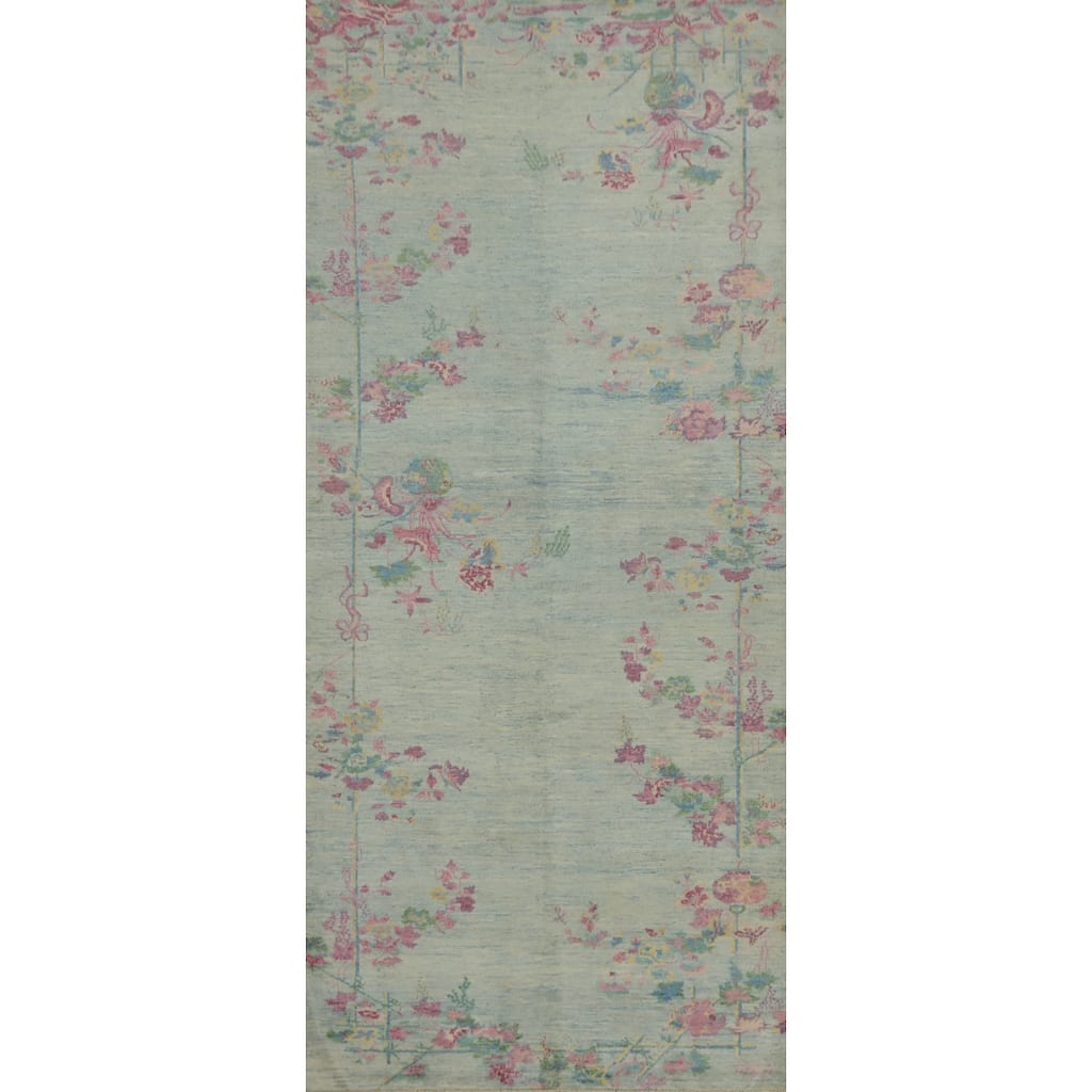 Hand Knotted Oriental 100% Wool Carpet Traditional Floral Navy Blue & Blues Ziegler Runner Rug - 14' 8'' X 4' 10''