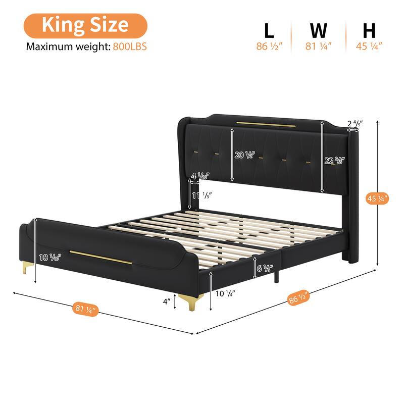 Queen/King PU Leather Upholstered Platform Bed with Wingback Headboard & Footboard, Gold Metal Accents and Wooden Slats