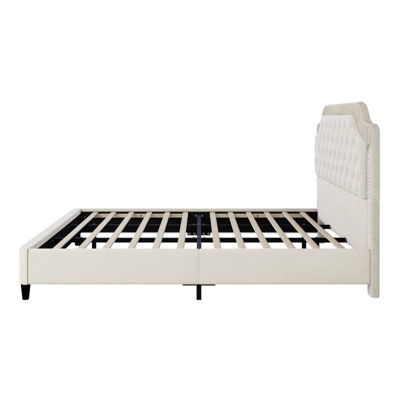 Full/Queen/King Size Upholstered Platform Bed Velvet Fabric Bed with Ruched and Button Tufted Headboard, Solid Wood Bedframe