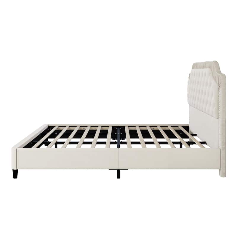 King Size Velvet Upholstered Bed with Tufted Headboard & Wood/Metal Frame (600lb Capacity)