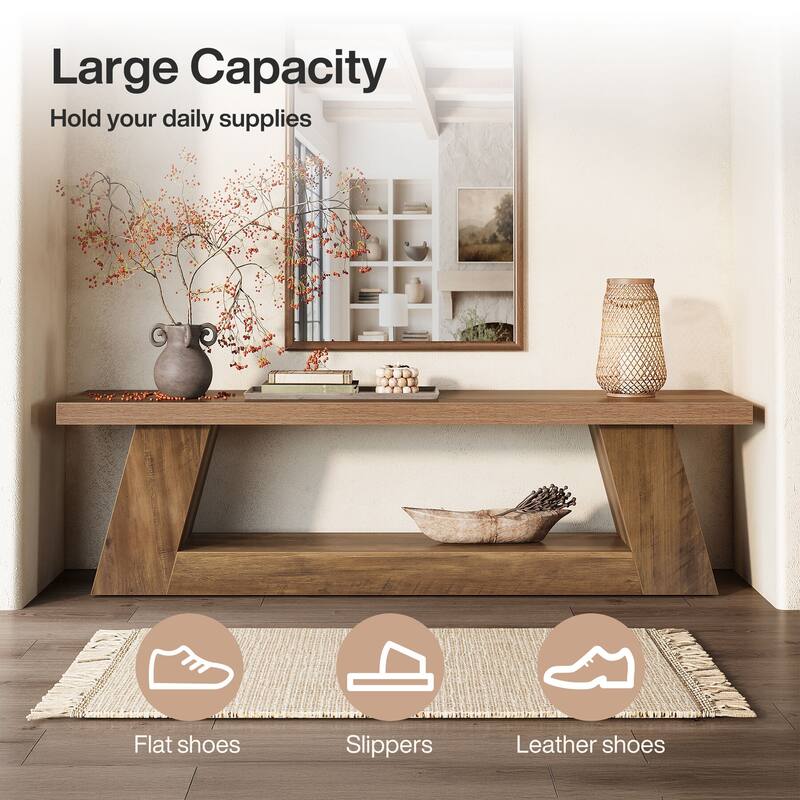 63" Wooden Entryway Bench with Storage Shelf, Rustic Extra Long Bench