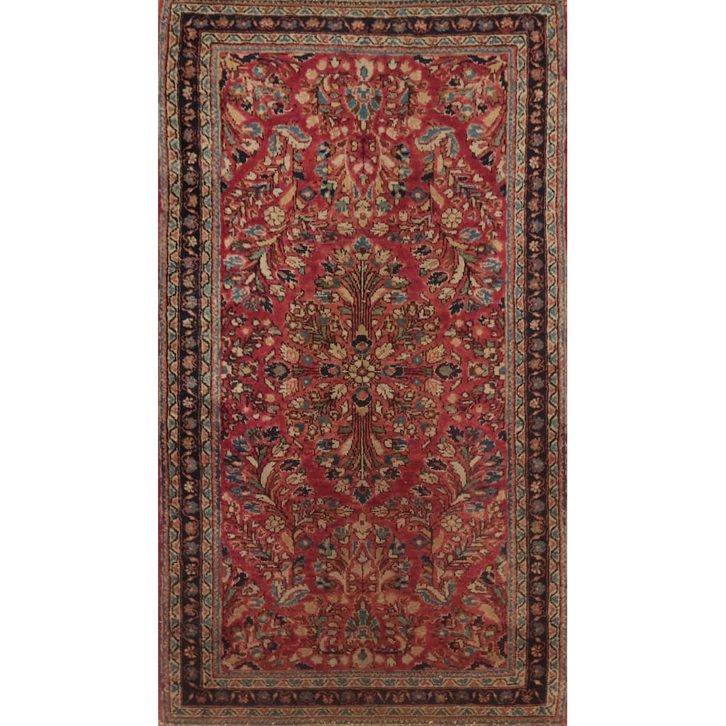 Hand Knotted Oriental 100% Wool Carpet Traditional Floral Red Sarouk Area Rug - 3' 11'' X 2' 2''