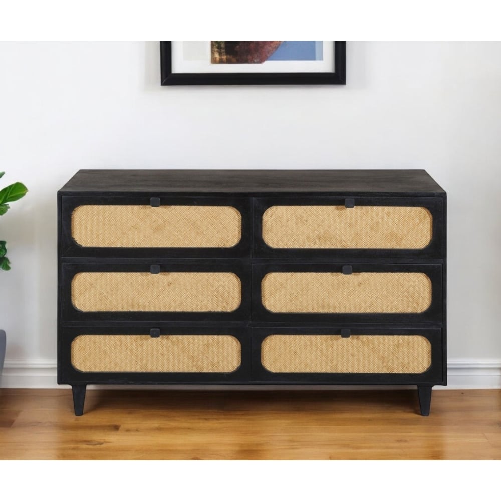 HomeRoots 56" Black And Natural Solid Wood And Rattan Six Drawer Double Dresser