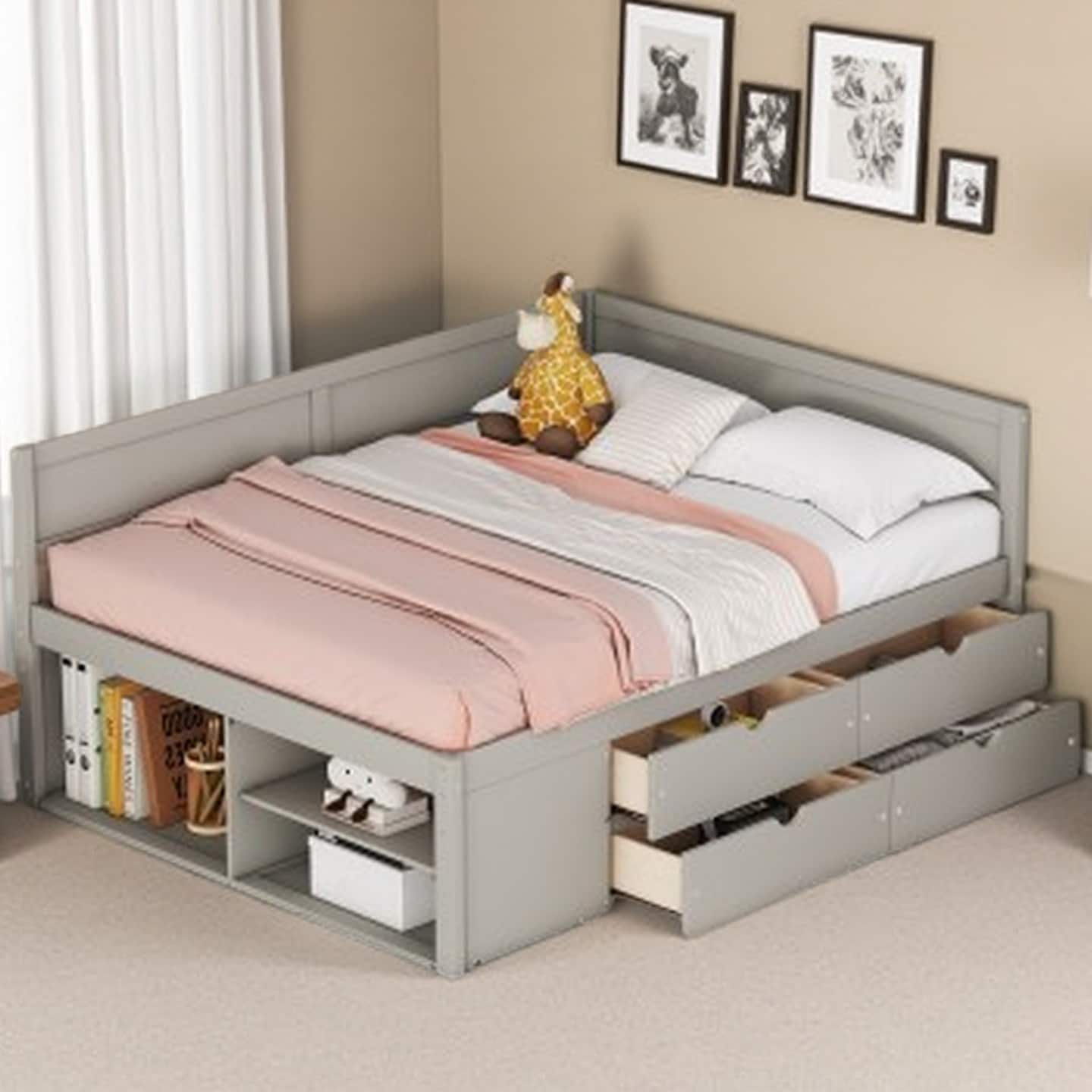 Twin Size Daybed with Built-In Drawers and 3 Open Shelves, Space-Saving Solid Wood Frame, No Box Spring Required