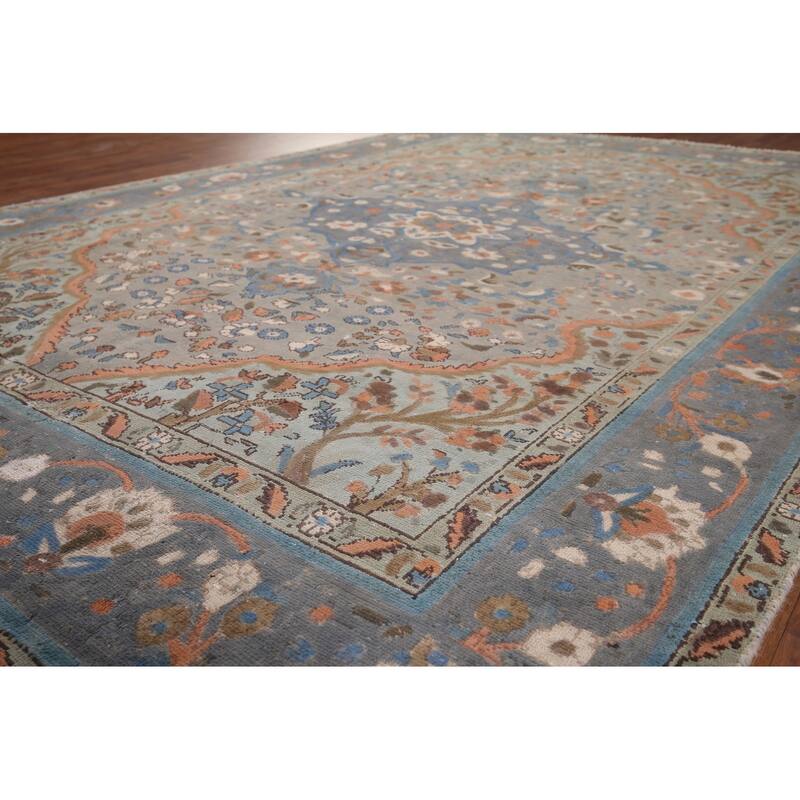 Distressed Tabriz Persian Vintage Area Rug Handmade Grey Wool Carpet - 6'8" x 9'8"