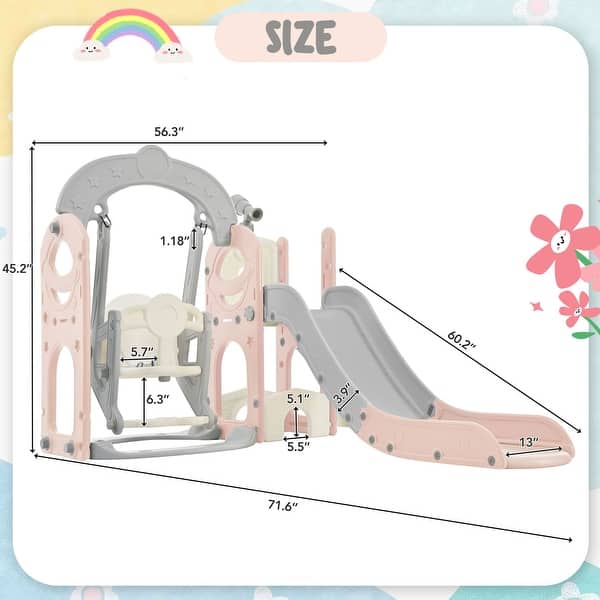 dimension image slide 4 of 5, 5 in 1 Toddler Slide and Swing Set - Indoor & Outdoor Kids Playground Climber with Telescope - 71.6'' L x 56.3'' W x 45.2'' H