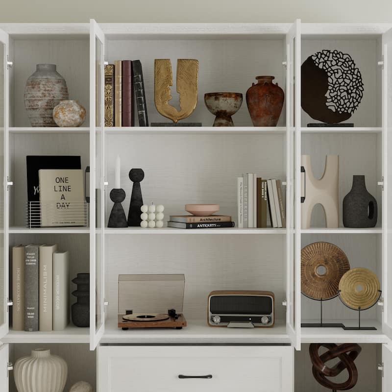 79.6" Tall Glass Display Cabinet, 6-Tier Bookshelf with Drawers