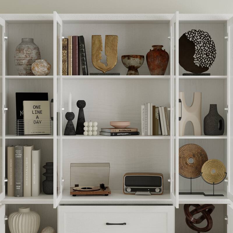 Pantry Cabinet Sideboard with Tempered Glass Doors & Drawers White/Brown