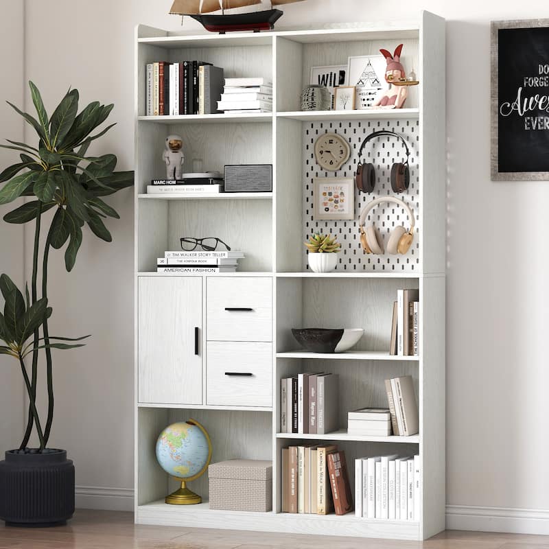 9 Cubby Display Book Shelves, Modern Wide Wood Shelving Bookshelf and Bookcase with Pegboard and Drawer