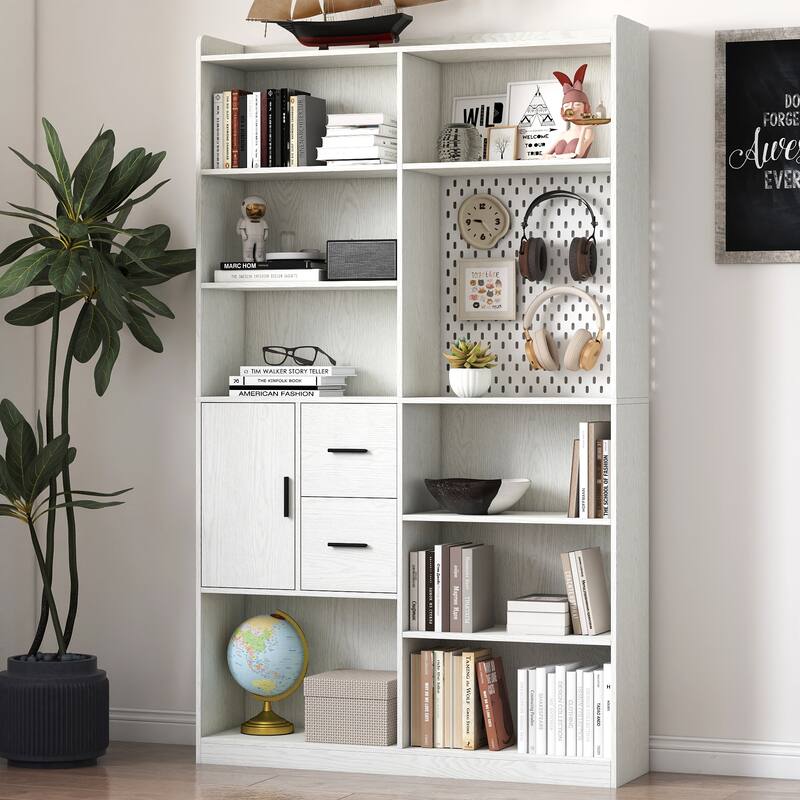 Bookshelf and Bookcase with Pegboard and Drawer,9 Cubby Display Book Shelves, Modern Wide Wood Shelving Unit