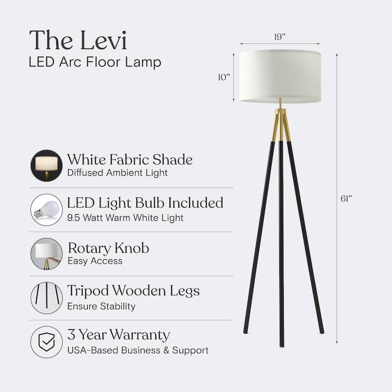 Brightech Levi 61 in. Antique Brass Mid-Century Modern LED Super Bright Floor Lamp with White Fabric Drum Shade