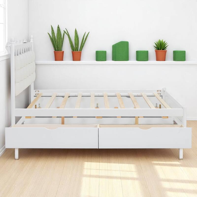 Queen Platform Bed with Trundle, 2 Big Drawers, USB & Power Outlets for Extra Storage