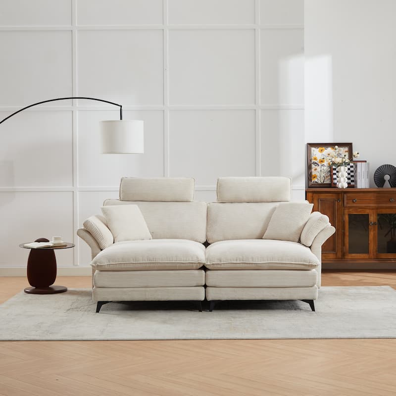 Corduroy Loveseat Sofa, Deep Seat Sectional Sofa wMovable Ottoman & 2 Pillows Upholstered Tufted Couch for Living Room
