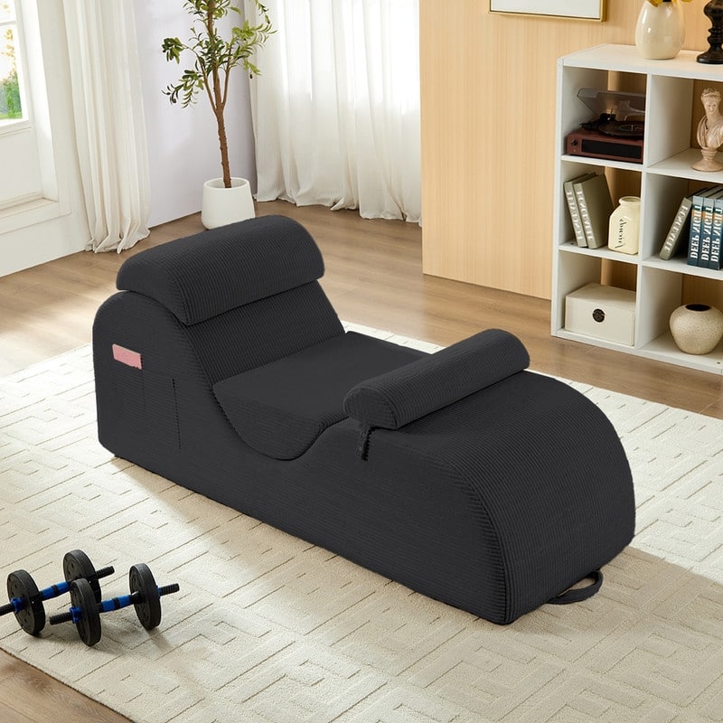 Mixoy Corduroy Yoga Chaise Lounge Chair,Curved Yoga Sofa with Movable Headrest/Waist Cushion/Footrest,Non-Slip Bottom