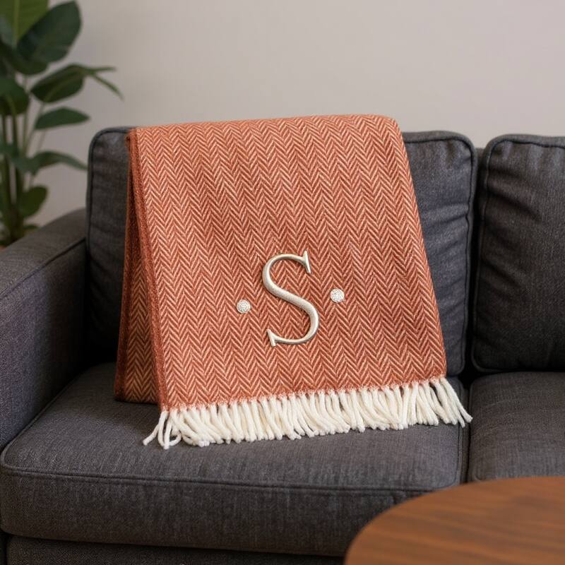 55" X 70" Terra Cotta And White Herringbone Cotton Blend S Initial Throw Blanket with Tassels And Embroidery
