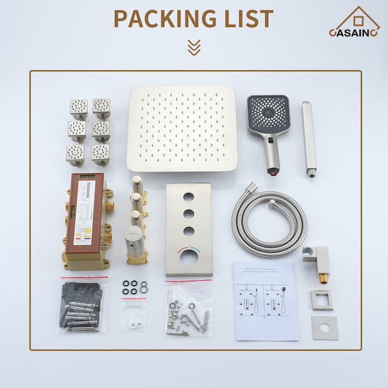 Luxury Thermostatic Shower System 3-Spray Patterns Ceiling Mount Fixed Shower Head and Handheld Spray with 6 Body Jets