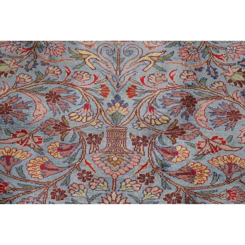 Hand Knotted Oriental Silk Carpet Traditional Floral Navy Blue & Blues Hereke Area Rug - 4' 10'' X 3' 3''