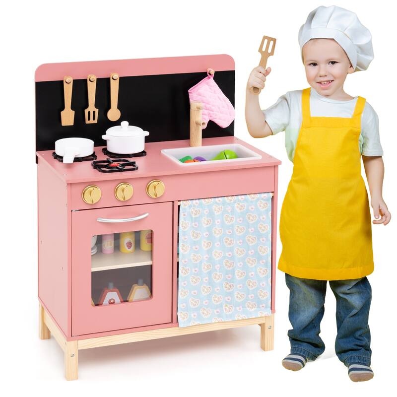 Gymax Play Kitchen for Kids w/ Door Curtain Stoves Sink & Oven - Pink