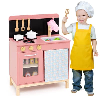 Gymax Play Kitchen for Kids w/ Door Curtain Stoves Sink & Oven