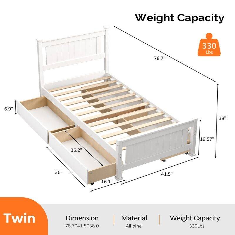 Wood Twin Size Bed Frame with 4 Storage Drawers, Solid Wood Platform Bed with Headboard