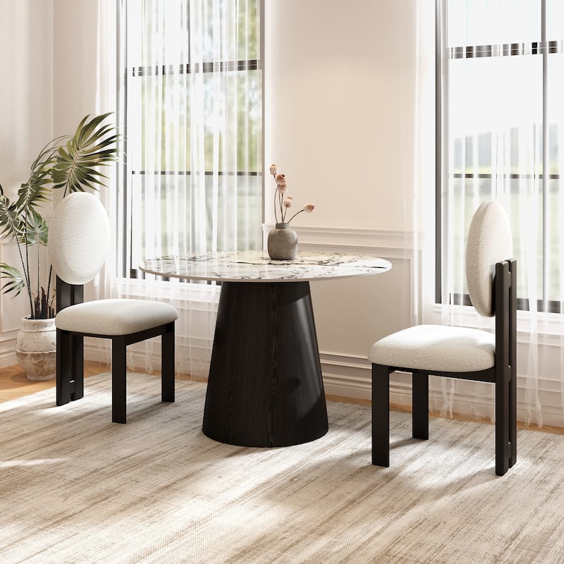 Small Round Modern Dining Table 43" Kitchen Table With Black Pedestal For 5 Person