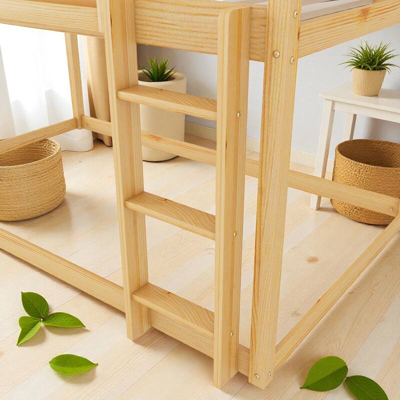 Low Twin Over Twin Floor Bunk Bed with Ladder and Shelf, Solid Wood Convertible Bunk Bed for Kids and Juniors