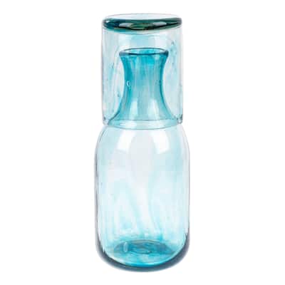 Novica Handmade Delicate Aqua Handblown Recycled Glass Carafe And Glass Set (Pair)