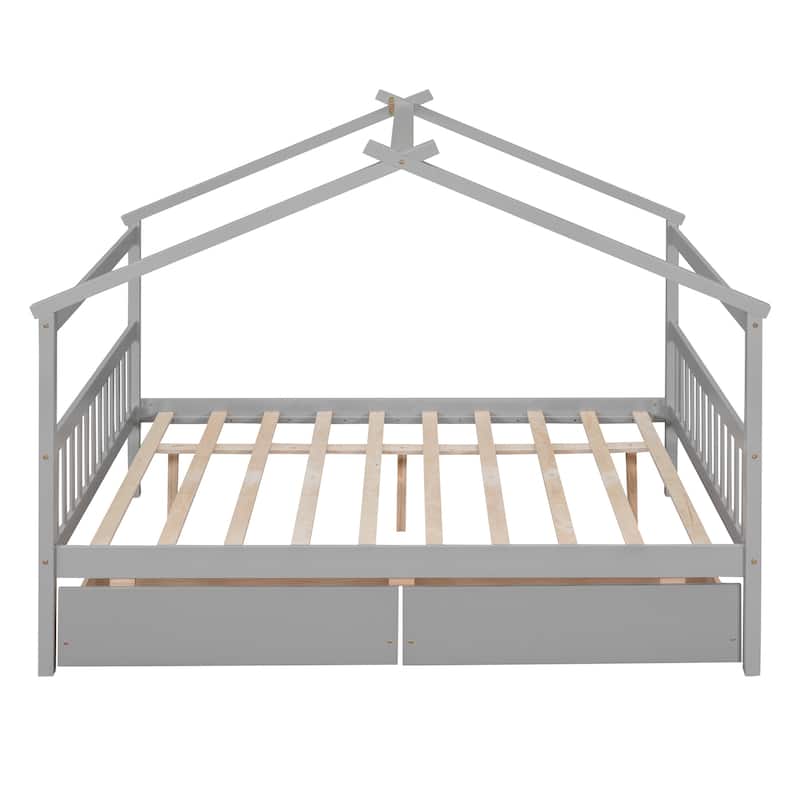 Kids' Twin/Full Wooden House Bed with Drawers, House-Shaped Frame, and Pine Wood Construction