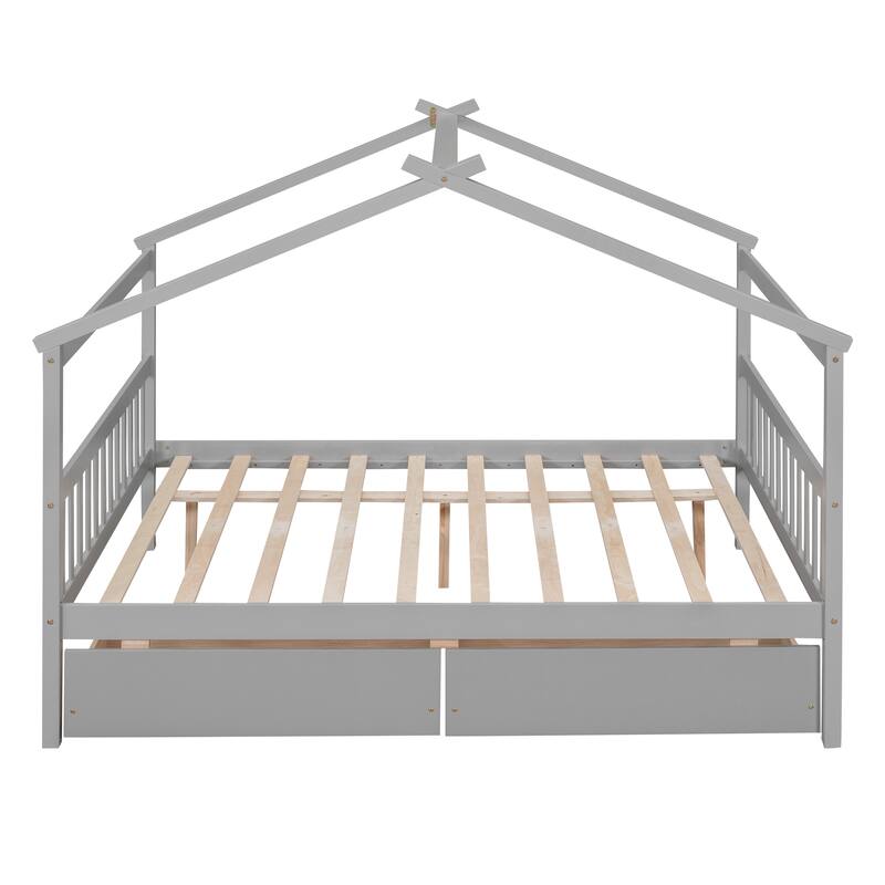 Wood Bed Children's House Platform Beds with Two Drawers, Roof, Included Headboards, Solid Wood Daybed, No Box Spring Needed