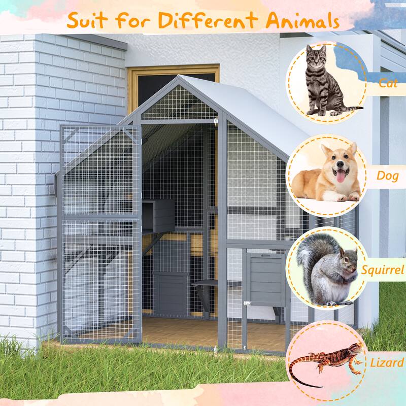 Large Outdoor Cat Catio Enclosure, Wooden Walk in Cats House Outside, Cat Shelter Kitty Cage with 2 Doors & 2 Hiding Houses