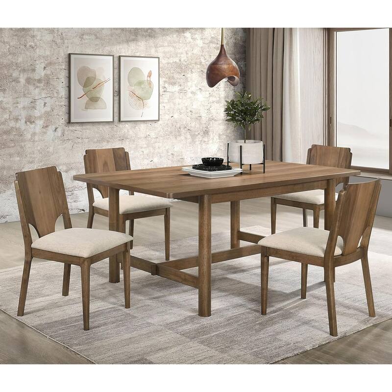 5-piece Rectangular Wooden Dining Table Set with Padded Seat in Walnut and Beige