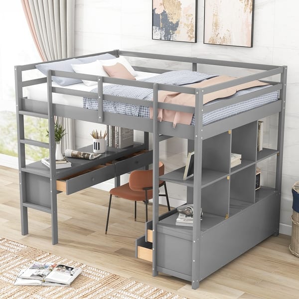 slide 2 of 18, Full Size Loft Bed with Built-in Desk, Two Drawers, Storage Shelves Gray