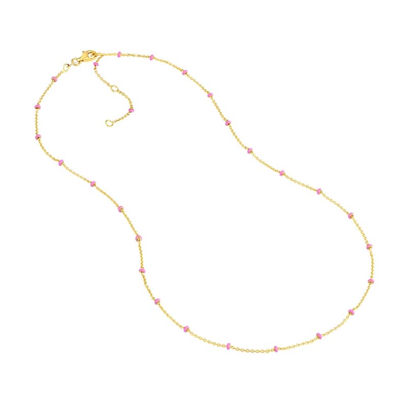 Curata 14k Yellow Gold 18" Pink Enamel Bead Station Saturn Chain Necklace
