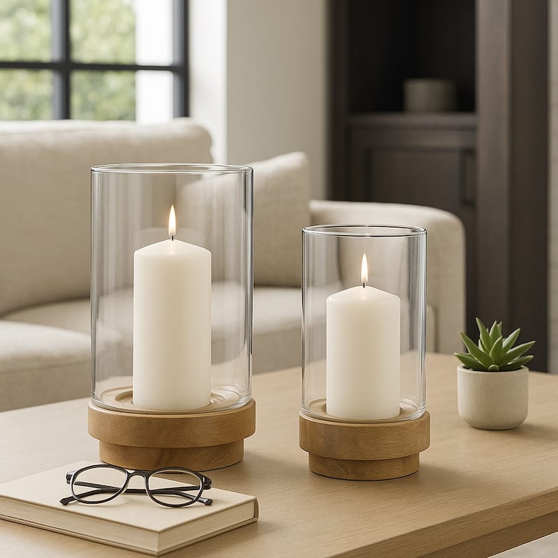 Glass and Wood Candle Stands for Pillar Candles - Set of 2, 9" & 11" Natural